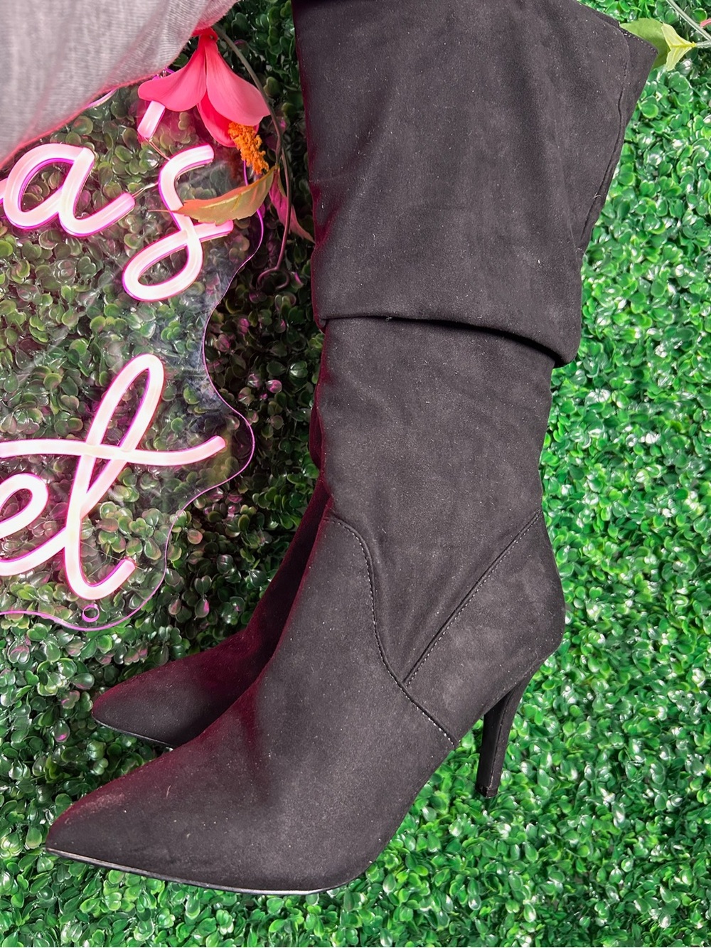 Fergalicious Black Suede Pointed-Toe Stiletto Knee Boots